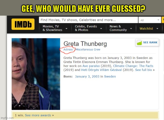 Actress Greta Thunberg | GEE, WHO WOULD HAVE EVER GUESSED? | image tagged in actress greta thunberg,ecofascist greta thunberg,acting,drama queen | made w/ Imgflip meme maker