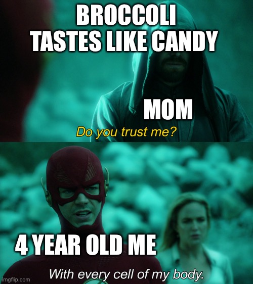 Do you trust me? | BROCCOLI TASTES LIKE CANDY; MOM; 4 YEAR OLD ME | image tagged in do you trust me | made w/ Imgflip meme maker