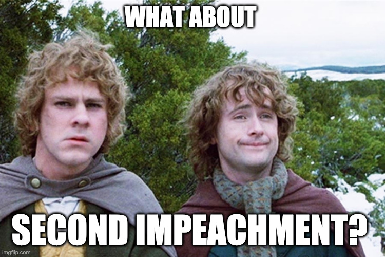 hobbits | WHAT ABOUT; SECOND IMPEACHMENT? | image tagged in hobbits | made w/ Imgflip meme maker