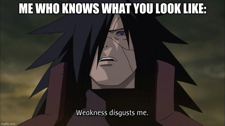 Weakness disgusts me | ME WHO KNOWS WHAT YOU LOOK LIKE: | image tagged in weakness disgusts me | made w/ Imgflip meme maker