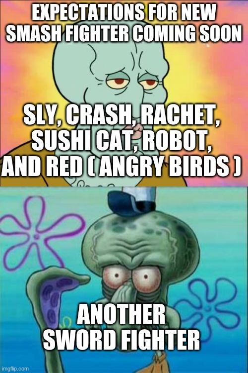 I wanted sly not a overpowered Final fantasy character. We wanted black mage | EXPECTATIONS FOR NEW SMASH FIGHTER COMING SOON; SLY, CRASH, RACHET, SUSHI CAT, ROBOT, AND RED ( ANGRY BIRDS ); ANOTHER SWORD FIGHTER | image tagged in memes,squidward,super smash bros | made w/ Imgflip meme maker