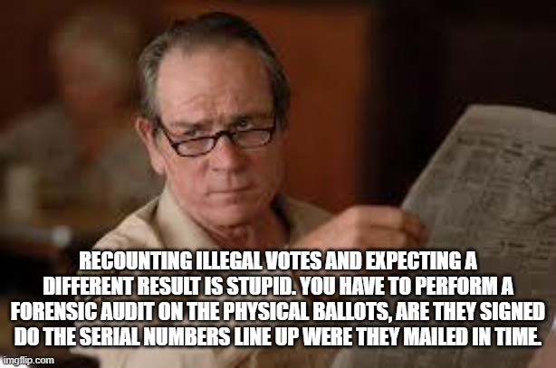 no country for old men tommy lee jones | RECOUNTING ILLEGAL VOTES AND EXPECTING A DIFFERENT RESULT IS STUPID. YOU HAVE TO PERFORM A FORENSIC AUDIT ON THE PHYSICAL BALLOTS, ARE THEY  | image tagged in no country for old men tommy lee jones | made w/ Imgflip meme maker