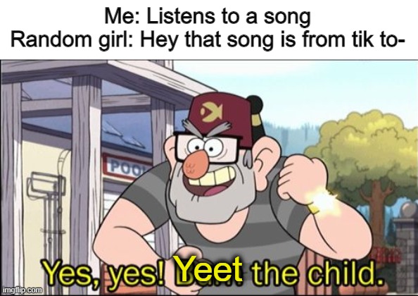 yeet the child wo loves tik tok | Me: Listens to a song
Random girl: Hey that song is from tik to-; Yeet | image tagged in yes yes burn the child,tik tok sucks,dank memes | made w/ Imgflip meme maker