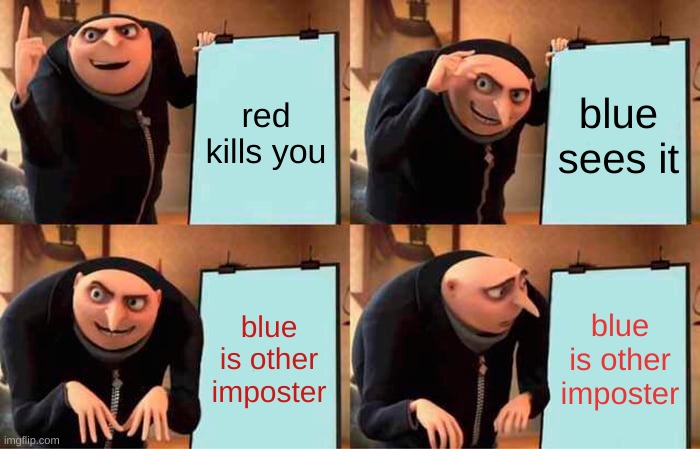 Gru's Plan | red kills you; blue sees it; blue is other imposter; blue is other imposter | image tagged in memes,gru's plan | made w/ Imgflip meme maker