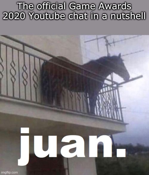 the game awards 2020 chats | The official Game Awards 2020 Youtube chat in a nutshell | image tagged in juan the horse,gaming | made w/ Imgflip meme maker