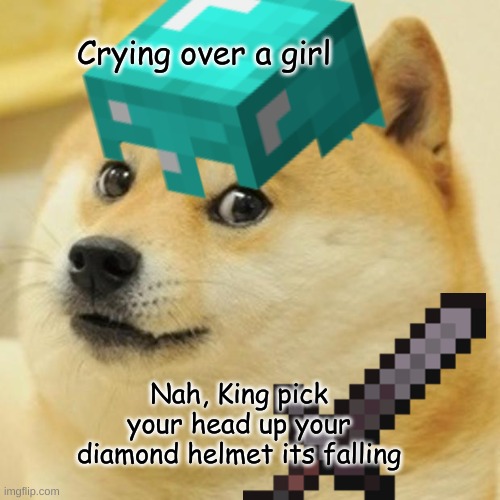 Crying over a girl; Nah, King pick your head up your diamond helmet its falling | image tagged in bad pun dog | made w/ Imgflip meme maker