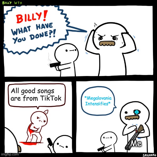 Billy, What Have You Done | All good songs are from TikTok; *Megalovania Intensifies*; Me | image tagged in billy what have you done | made w/ Imgflip meme maker