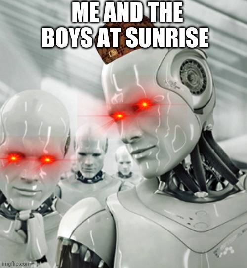 Robots | ME AND THE BOYS AT SUNRISE | image tagged in memes,robots | made w/ Imgflip meme maker