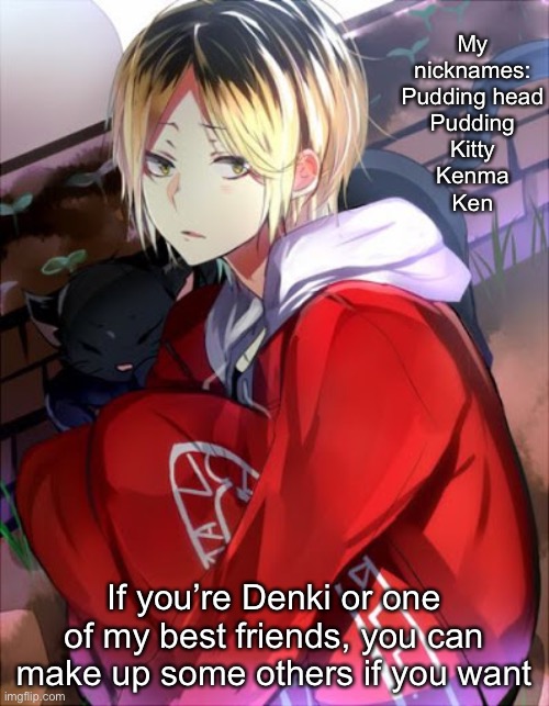 My nicknames:
Pudding head
Pudding
Kitty
Kenma
Ken; If you’re Denki or one of my best friends, you can make up some others if you want | made w/ Imgflip meme maker