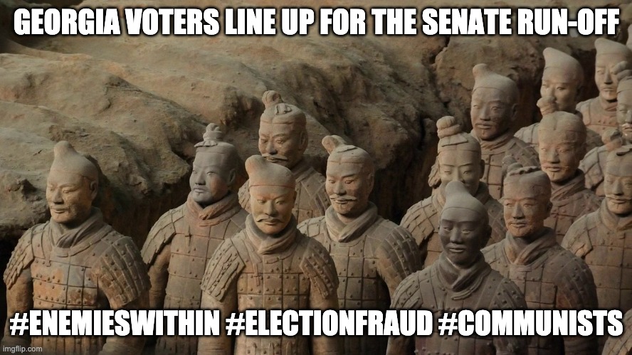 Georgia Election Fraud | GEORGIA VOTERS LINE UP FOR THE SENATE RUN-OFF; #ENEMIESWITHIN #ELECTIONFRAUD #COMMUNISTS | image tagged in communists,georgiaelections,electionfraud | made w/ Imgflip meme maker