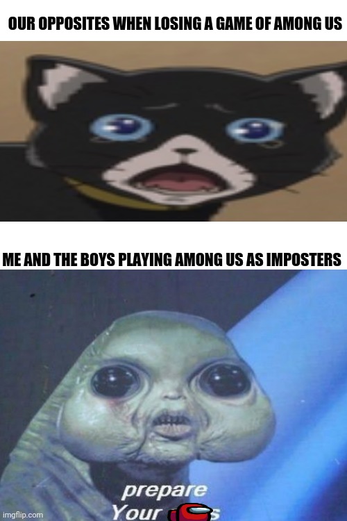 Among Us in a Shellnut | OUR OPPOSITES WHEN LOSING A GAME OF AMONG US; ME AND THE BOYS PLAYING AMONG US AS IMPOSTERS | image tagged in blank white template | made w/ Imgflip meme maker