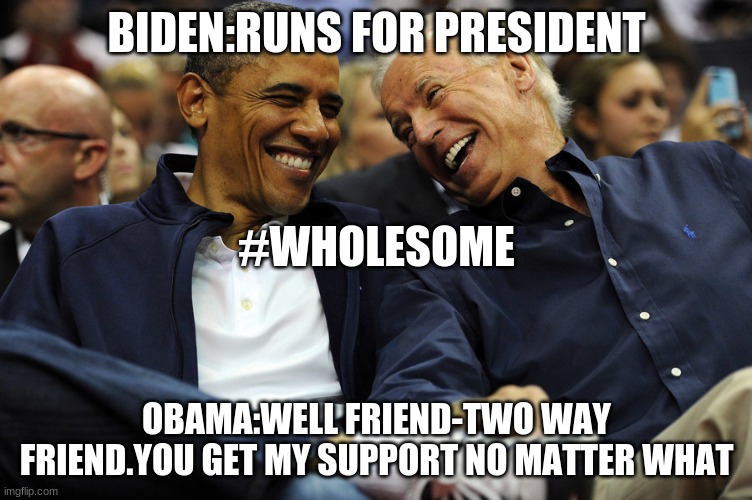 Obama and biden | BIDEN:RUNS FOR PRESIDENT; #WHOLESOME; OBAMA:WELL FRIEND-TWO WAY FRIEND.YOU GET MY SUPPORT NO MATTER WHAT | image tagged in obama and biden | made w/ Imgflip meme maker