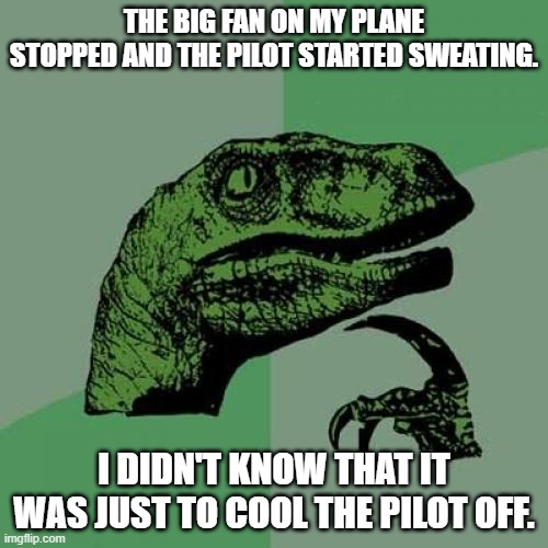 Philosoraptor | THE BIG FAN ON MY PLANE STOPPED AND THE PILOT STARTED SWEATING. I DIDN'T KNOW THAT IT WAS JUST TO COOL THE PILOT OFF. | image tagged in memes,philosoraptor | made w/ Imgflip meme maker