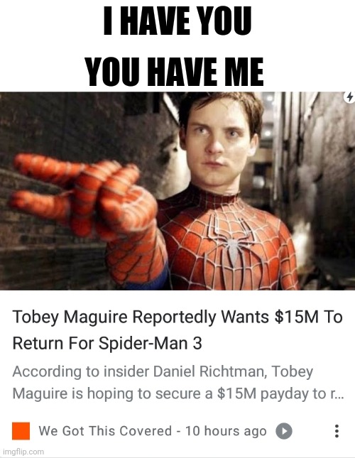 Spider Rhyme | I HAVE YOU; YOU HAVE ME | image tagged in spiderman | made w/ Imgflip meme maker