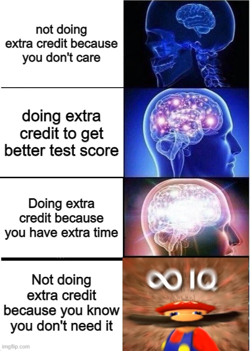 Extra Credit Infinity IQ | not doing extra credit because you don't care; doing extra credit to get better test score; Doing extra credit because you have extra time; Not doing extra credit because you know you don't need it | image tagged in memes,expanding brain,infinity iq mario | made w/ Imgflip meme maker