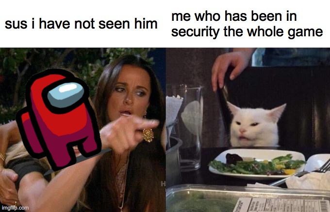 Woman Yelling At Cat | sus i have not seen him; me who has been in security the whole game | image tagged in memes,woman yelling at cat | made w/ Imgflip meme maker