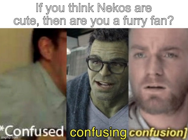 Please someone explain this to me | If you think Nekos are cute, then are you a furry fan? | image tagged in confused confusing confusion | made w/ Imgflip meme maker