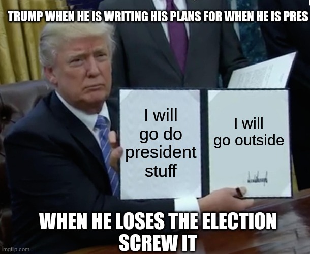 Trump Bill Signing Meme | TRUMP WHEN HE IS WRITING HIS PLANS FOR WHEN HE IS PRES; I will go do president stuff; I will go outside; WHEN HE LOSES THE ELECTION
SCREW IT | image tagged in memes,trump bill signing | made w/ Imgflip meme maker