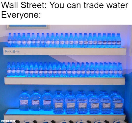 Oh yes. When it hits the rest of the world, we'll be ready. | Wall Street: You can trade water
Everyone: | image tagged in funny,memes,water,wall street,trade | made w/ Imgflip meme maker