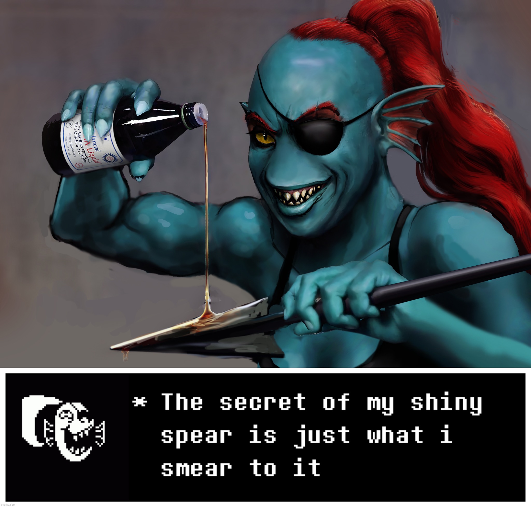 Why and how Undyne spear is shiny? | image tagged in oil it undyne,memes,funny,undyne,undertale | made w/ Imgflip meme maker
