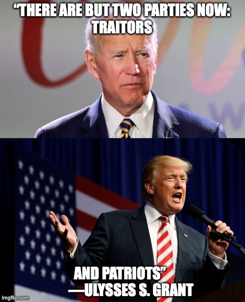 Traitors and Patriots |  “THERE ARE BUT TWO PARTIES NOW:
 TRAITORS; AND PATRIOTS”
         —ULYSSES S. GRANT | image tagged in traitors,patriots,biden,trump,stop the steal | made w/ Imgflip meme maker