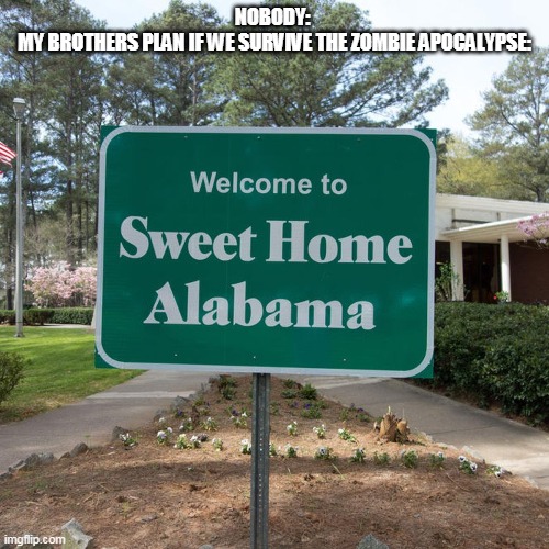 lol | NOBODY: 
MY BROTHERS PLAN IF WE SURVIVE THE ZOMBIE APOCALYPSE: | image tagged in welcome to sweet home alabama | made w/ Imgflip meme maker