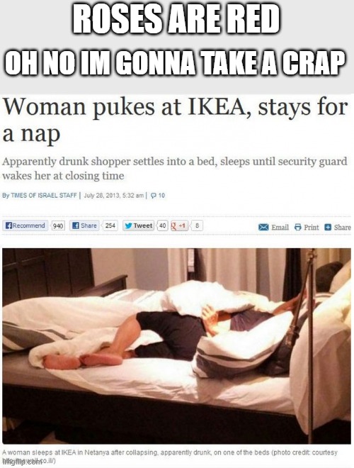 drunk girl taking a nap lol | OH NO IM GONNA TAKE A CRAP; ROSES ARE RED | image tagged in drunk,puke,nap,ikea,roses are red,news | made w/ Imgflip meme maker