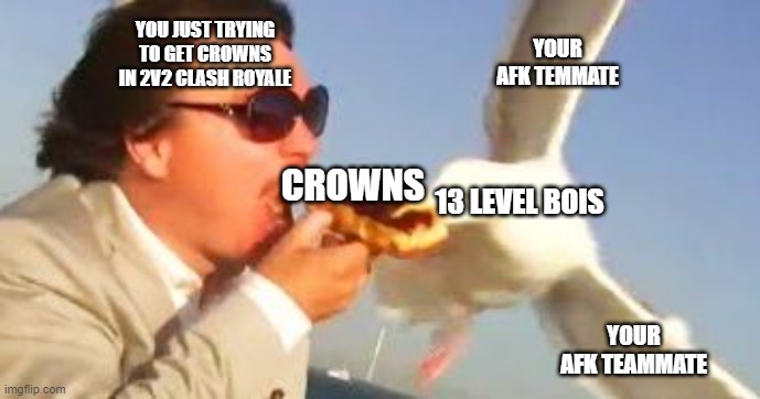 swiping seagull | YOUR AFK TEMMATE; YOU JUST TRYING TO GET CROWNS IN 2V2 CLASH ROYALE; CROWNS; 13 LEVEL BOIS; YOUR AFK TEAMMATE | image tagged in swiping seagull | made w/ Imgflip meme maker
