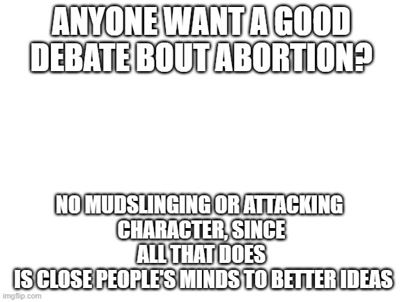 I want a debate, not a war | ANYONE WANT A GOOD DEBATE BOUT ABORTION? NO MUDSLINGING OR ATTACKING 
CHARACTER, SINCE ALL THAT DOES
 IS CLOSE PEOPLE'S MINDS TO BETTER IDEAS | image tagged in blank white template | made w/ Imgflip meme maker