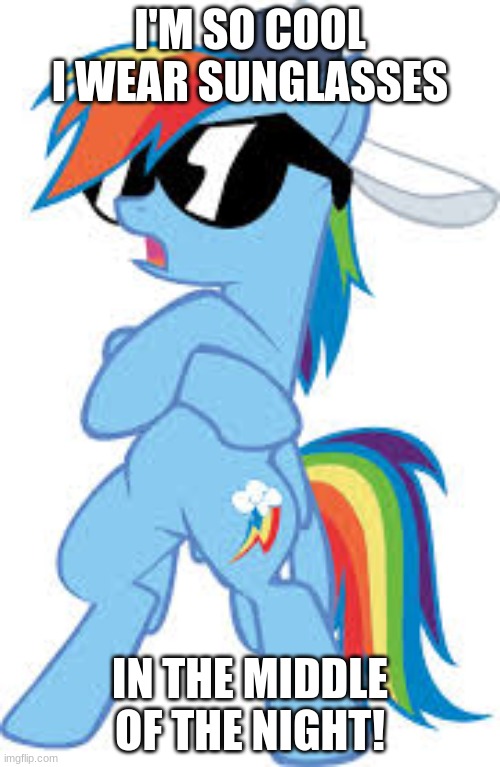 super cool Rainbow Dash | I'M SO COOL I WEAR SUNGLASSES; IN THE MIDDLE OF THE NIGHT! | image tagged in super cool rainbow dash,memes,sunglasses,middle of the night,night time | made w/ Imgflip meme maker