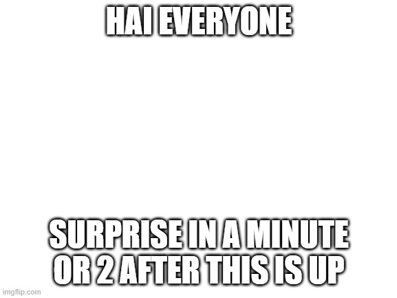 https://imgflip.com/memechat?invite=PD_FcQZAlXxQO9dJTBtQV0GV-elFx0Ot | HAI EVERYONE; SURPRISE IN A MINUTE OR 2 AFTER THIS IS UP | image tagged in blank white template | made w/ Imgflip meme maker
