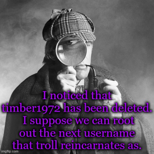 Infamous | I noticed that timber1972 has been deleted.  I suppose we can root out the next username that troll reincarnates as. | image tagged in sherlock holmes,troll,reincarnation | made w/ Imgflip meme maker