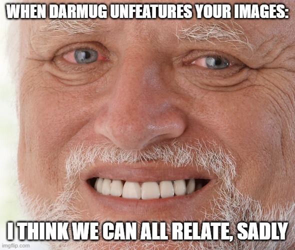 Not talking about any specific images cause he's right most of the time lol | WHEN DARMUG UNFEATURES YOUR IMAGES:; I THINK WE CAN ALL RELATE, SADLY | image tagged in hide the pain harold | made w/ Imgflip meme maker