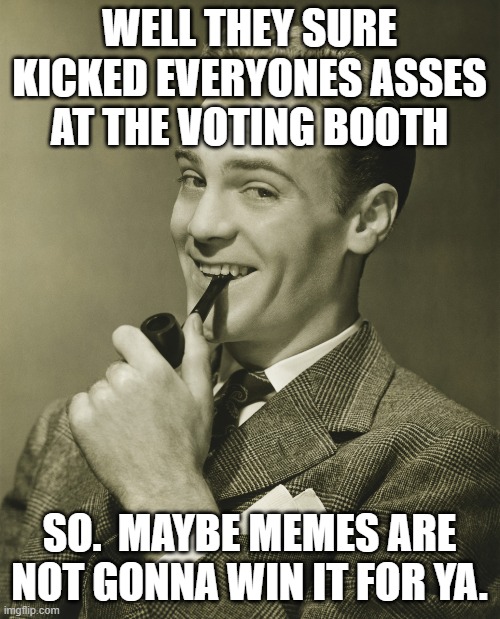 Smug | WELL THEY SURE KICKED EVERYONES ASSES AT THE VOTING BOOTH SO.  MAYBE MEMES ARE NOT GONNA WIN IT FOR YA. | image tagged in smug | made w/ Imgflip meme maker