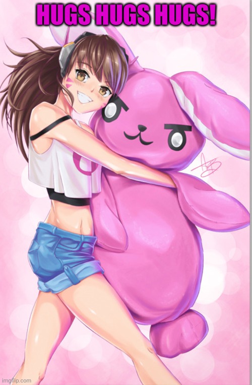 She needs morr huggs! | HUGS HUGS HUGS! | image tagged in anime girl,free hugs,bunny,pink,rabbit | made w/ Imgflip meme maker