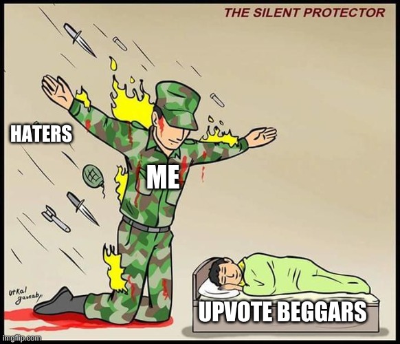 sue me, hate me, bully me. I. Dont. Care. | HATERS; ME; UPVOTE BEGGARS | image tagged in the silent protector | made w/ Imgflip meme maker