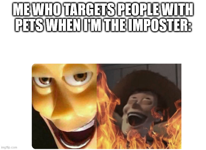 Satanic Woody | ME WHO TARGETS PEOPLE WITH PETS WHEN I'M THE IMPOSTER: | image tagged in satanic woody | made w/ Imgflip meme maker