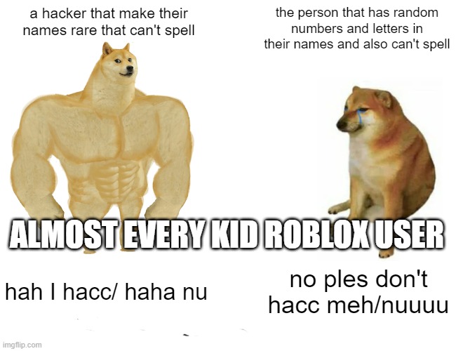 almost every kid's roblox user | a hacker that make their names rare that can't spell; the person that has random numbers and letters in their names and also can't spell; ALMOST EVERY KID ROBLOX USER; hah I hacc/ haha nu; no ples don't hacc meh/nuuuu | image tagged in memes,buff doge vs cheems | made w/ Imgflip meme maker