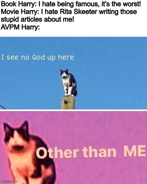 his middle name is freaking | Book Harry: I hate being famous, it’s the worst!
Movie Harry: I hate Rita Skeeter writing those 
stupid articles about me!
AVPM Harry: | image tagged in hail pole cat,harry potter,avpm,a very potter musical,i see no god up here other than me,book | made w/ Imgflip meme maker