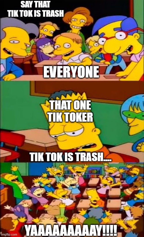 say the line bart! simpsons | SAY THAT TIK TOK IS TRASH; EVERYONE; THAT ONE TIK TOKER; TIK TOK IS TRASH.... YAAAAAAAAAY!!!! | image tagged in say the line bart simpsons | made w/ Imgflip meme maker