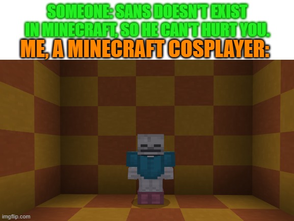 I cosplay Sans (& AU's) in Minecraft | SOMEONE: SANS DOESN'T EXIST IN MINECRAFT, SO HE CAN'T HURT YOU. ME, A MINECRAFT COSPLAYER: | image tagged in undertale,minecraft,cosplay | made w/ Imgflip meme maker