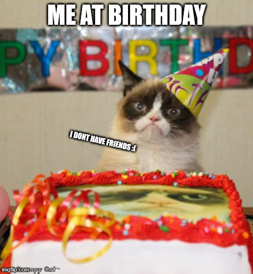My birthday | ME AT BIRTHDAY; I DONT HAVE FRIENDS :( | image tagged in memes,grumpy cat birthday,grumpy cat | made w/ Imgflip meme maker