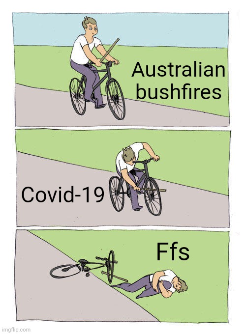 Bike Fall | Australian bushfires; Covid-19; Ffs | image tagged in memes,bike fall,2020,2020 sucks,covid-19,coronavirus | made w/ Imgflip meme maker