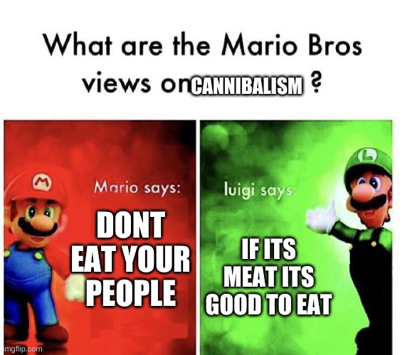 Luigi is still not ok | CANNIBALISM; DONT EAT YOUR PEOPLE; IF ITS MEAT ITS GOOD TO EAT | image tagged in mario bros views | made w/ Imgflip meme maker