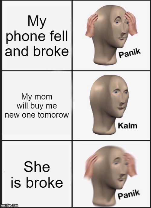 Panik Kalm Panik | My phone fell and broke; My mom will buy me new one tomorow; She is broke | image tagged in memes,panik kalm panik | made w/ Imgflip meme maker