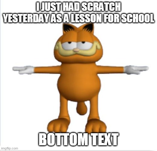 garfield t-pose | I JUST HAD SCRATCH YESTERDAY AS A LESSON FOR SCHOOL; BOTTOM TEXT | image tagged in garfield t-pose | made w/ Imgflip meme maker