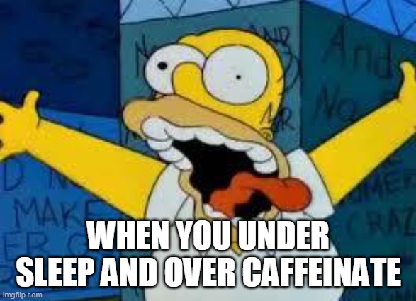 Tired | WHEN YOU UNDER SLEEP AND OVER CAFFEINATE | image tagged in homer going crazy | made w/ Imgflip meme maker