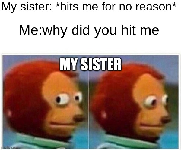 Monkey Puppet Meme | My sister: *hits me for no reason*; Me:why did you hit me; MY SISTER | image tagged in memes,monkey puppet | made w/ Imgflip meme maker