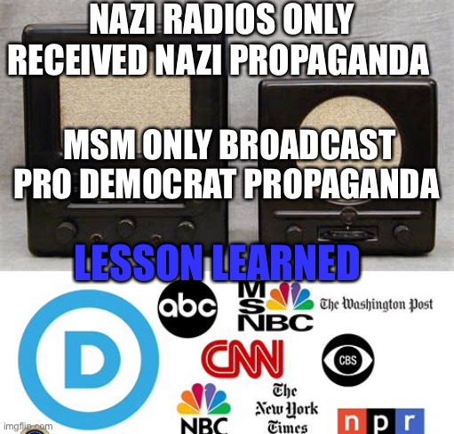 History repeats itself | NAZI RADIOS ONLY RECEIVED NAZI PROPAGANDA; MSM ONLY BROADCAST PRO DEMOCRAT PROPAGANDA; LESSON LEARNED | image tagged in nazi radio,fake news,democrats,voter fraud | made w/ Imgflip meme maker