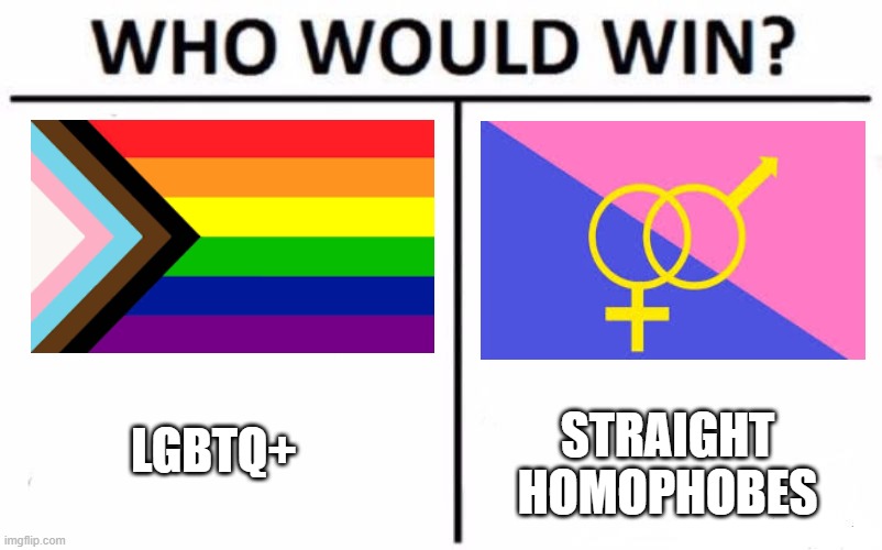 LGBTQ+ for sure! (lgbtq+ includes allys!) | STRAIGHT HOMOPHOBES; LGBTQ+ | image tagged in memes,who would win,lgbtq,supporters | made w/ Imgflip meme maker